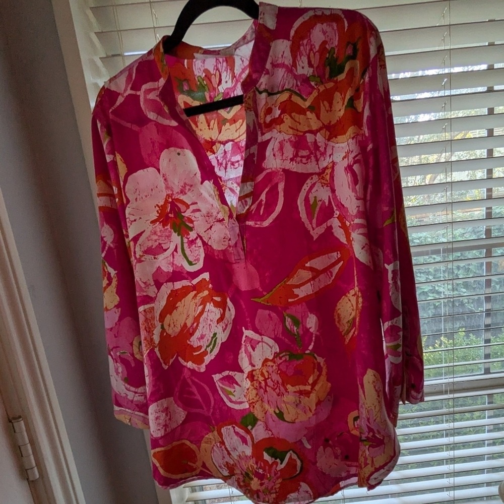 Natori Floral Boho Coastal Elegant V-Neck Blouse Pink Orange Watercolor Bloom - Picture 15 of 16